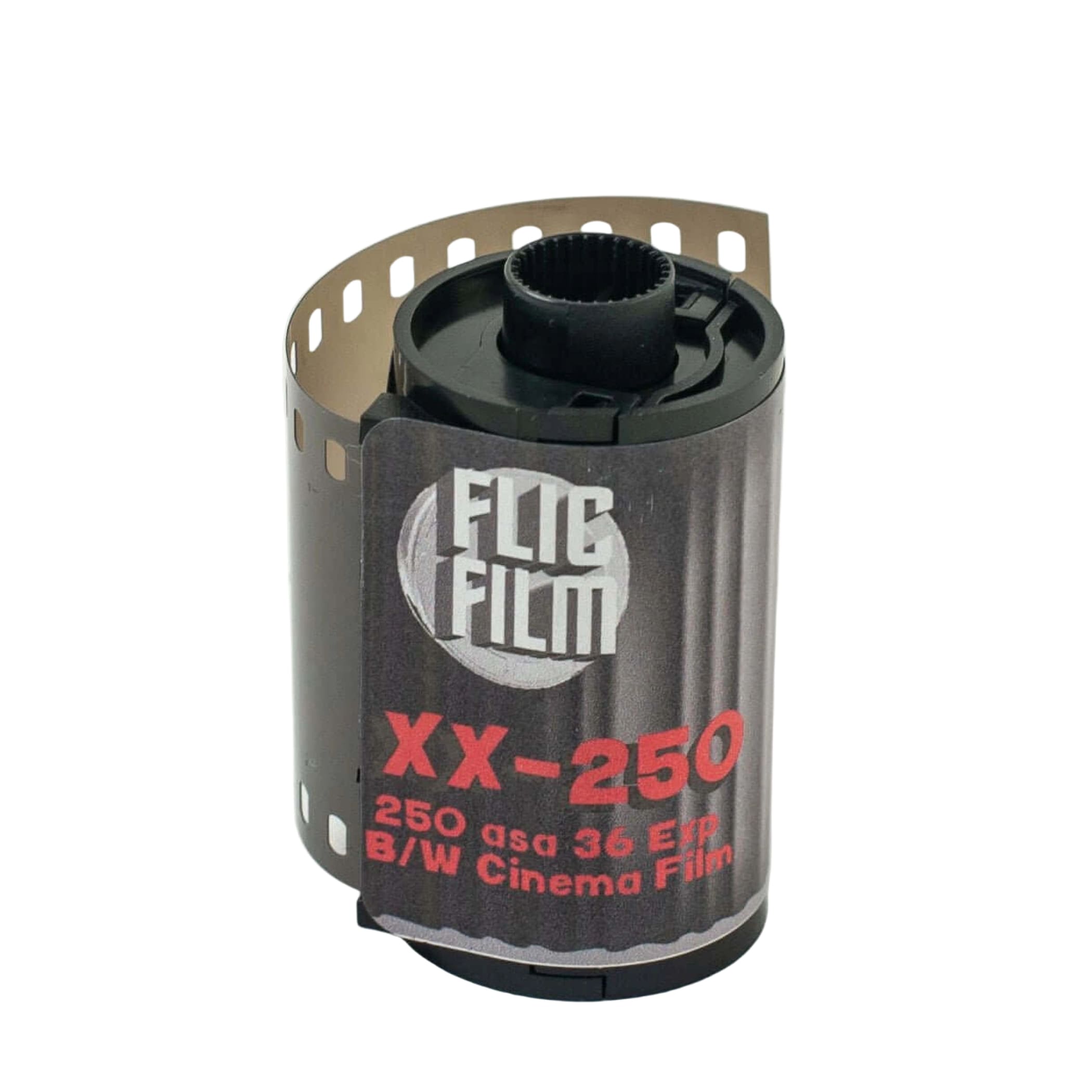 Black flic film xx-250 b/w cinema film roll with red and white labeling.