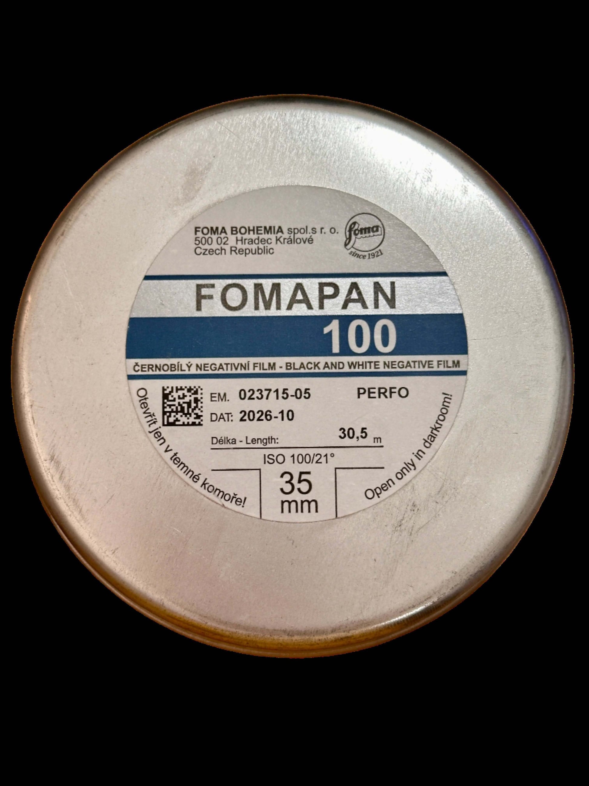 Fomapan 100 Black and White Film canister label showing ISO 100, 35mm, and film length details.