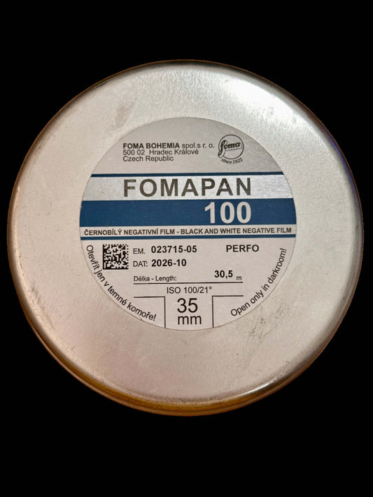 Fomapan 100 Black and White Film canister label showing ISO 100, 35mm, and film length details.