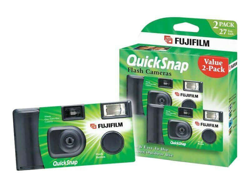 Fuji QuickSnap 400 ISO Disposable Film Camera pack with two cameras, ideal for vibrant photos indoors and outdoors.
