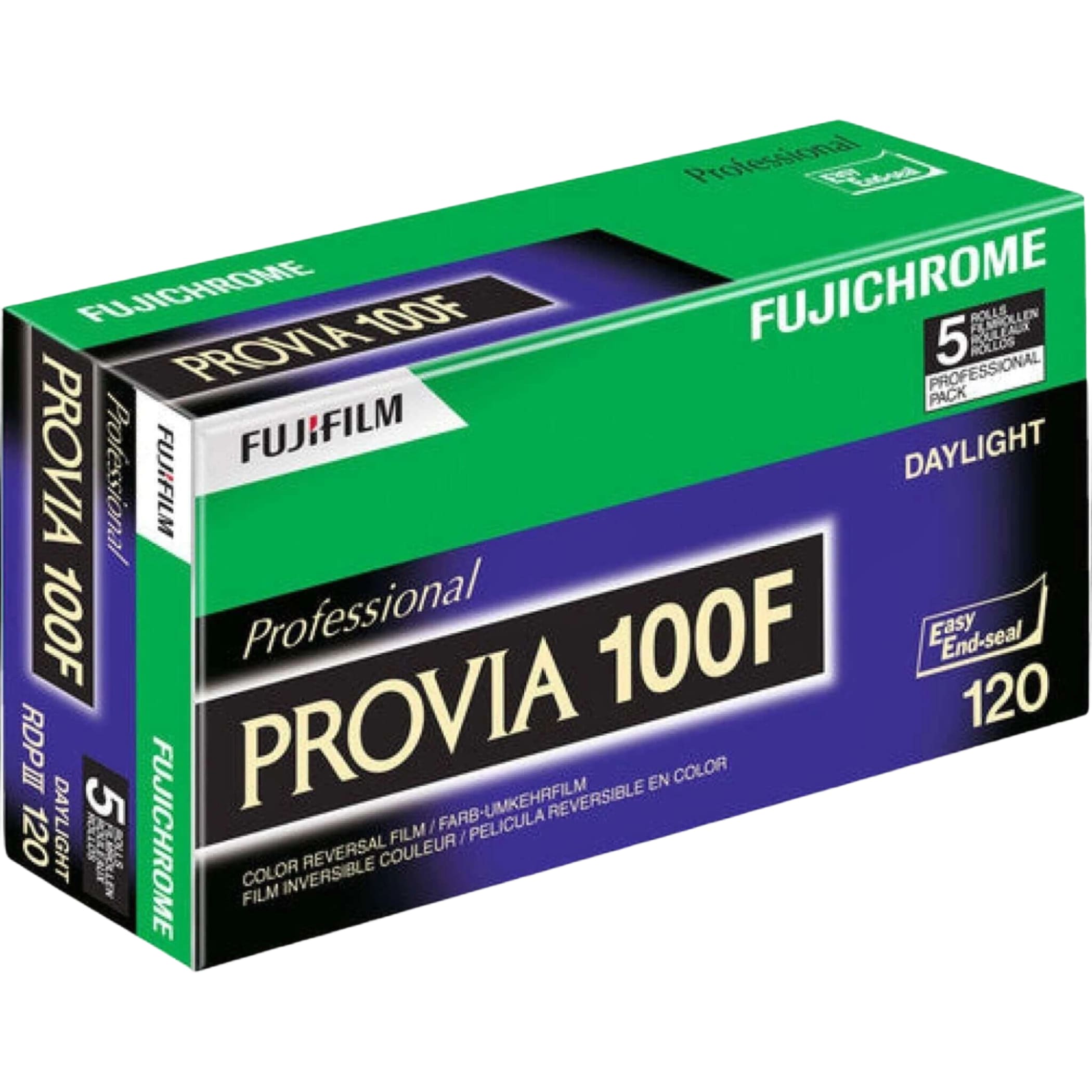 Green and purple box of fujifilm provia 100f color reversal film for daylight use.