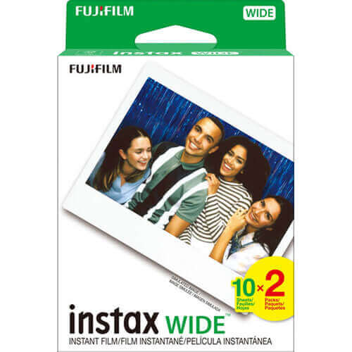 Fujifilm Instax Wide instant film pack with photo of smiling friends on the packaging