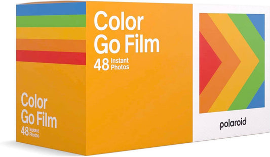 Polaroid Color Go Film box with 48 instant photos, featuring vibrant rainbow design.