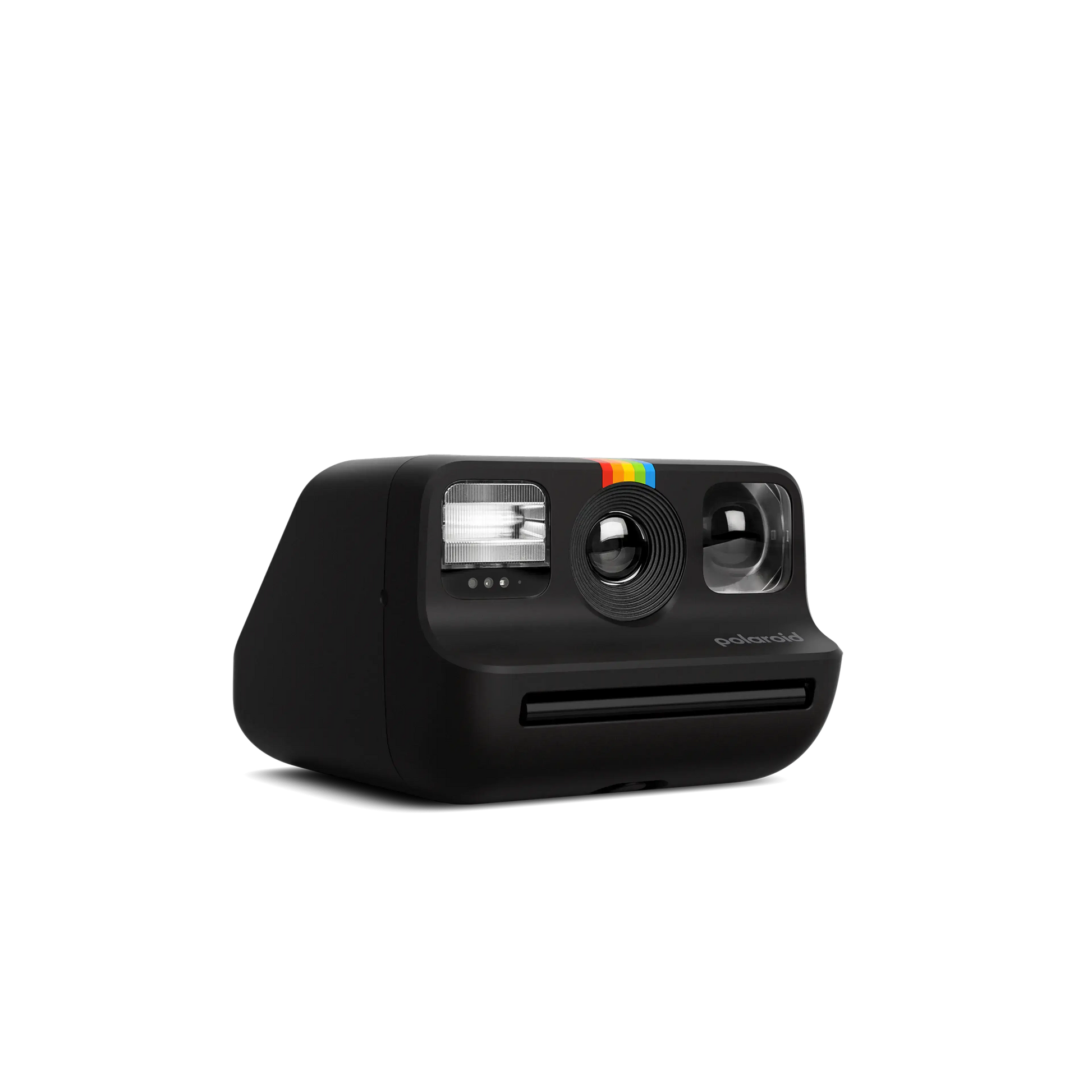 Black Polaroid camera with rainbow stripe on a white background