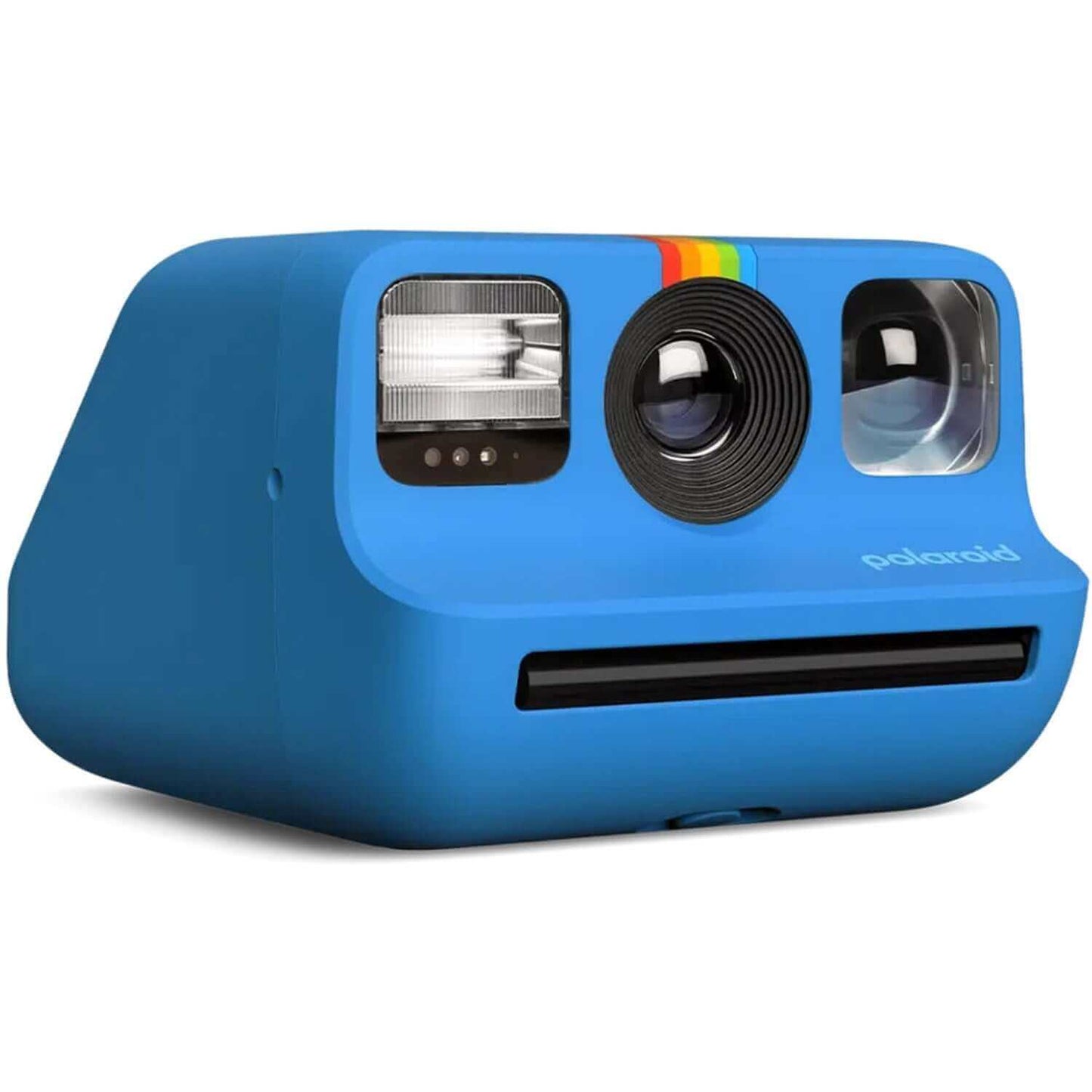 Blue Polaroid instant camera with rainbow stripe and flash.