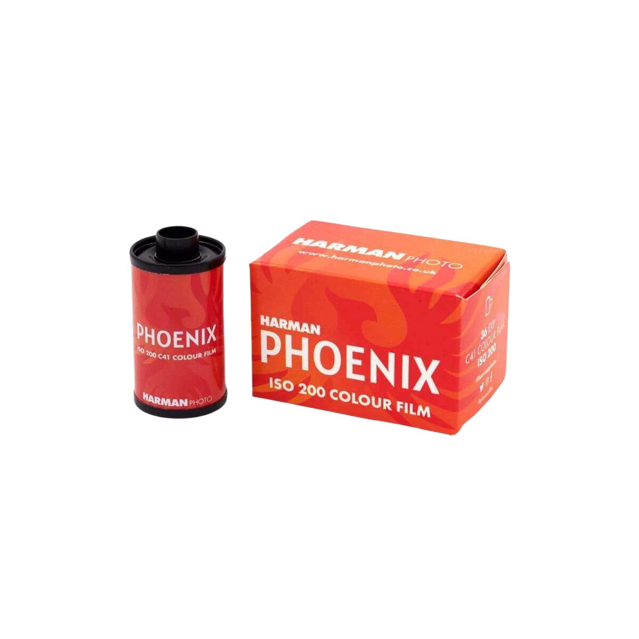 Red harman phoenix iso 200 colour film canister with black cap next to its matching orange packaging.