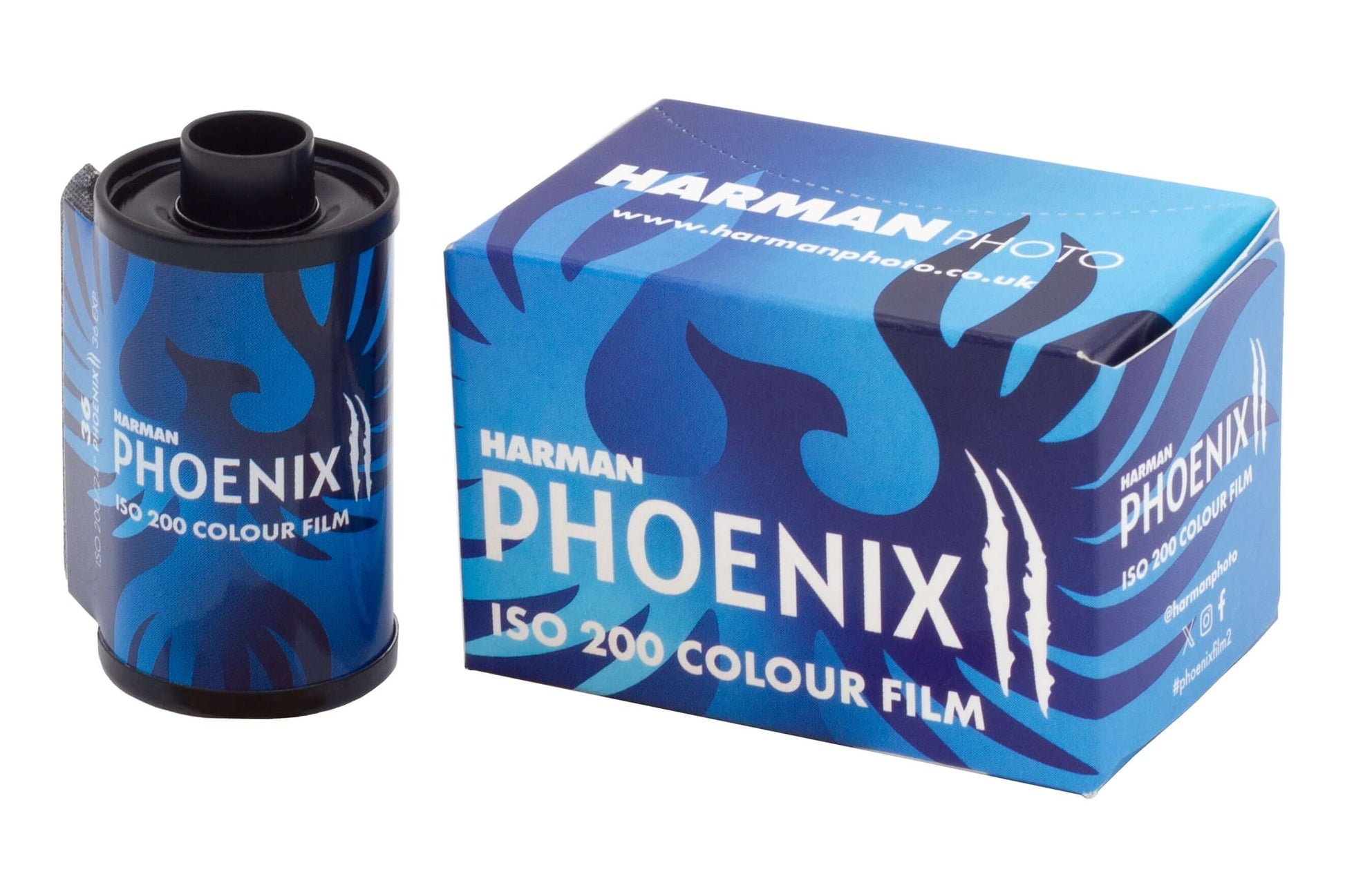 Harman Phoenix II ISO 200 Colour Film roll and box, showcasing innovative analogue photography technology.