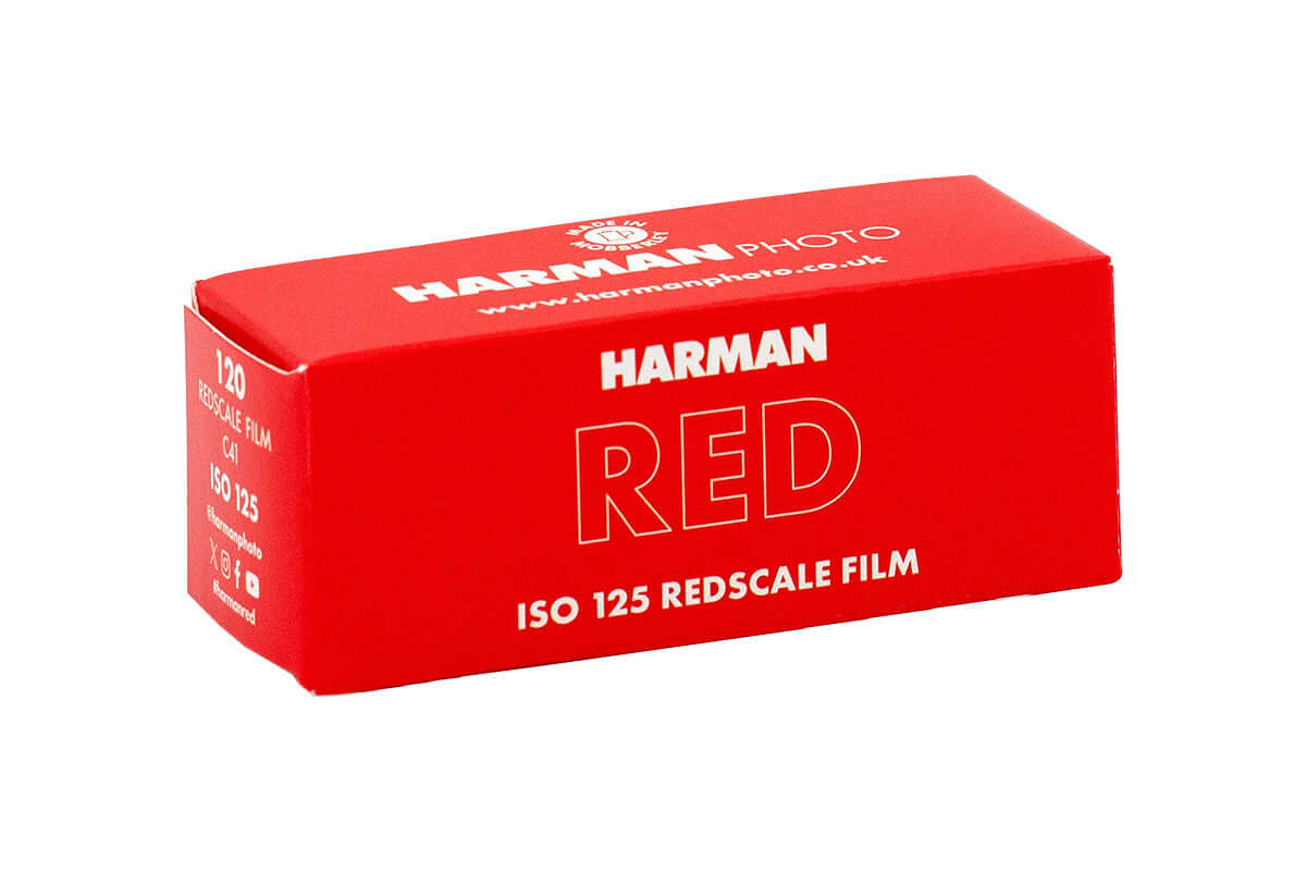 Harman Red 125 Redscale C41 120 Film packaging, vibrant red box showcasing 120 format and ISO 125 details.