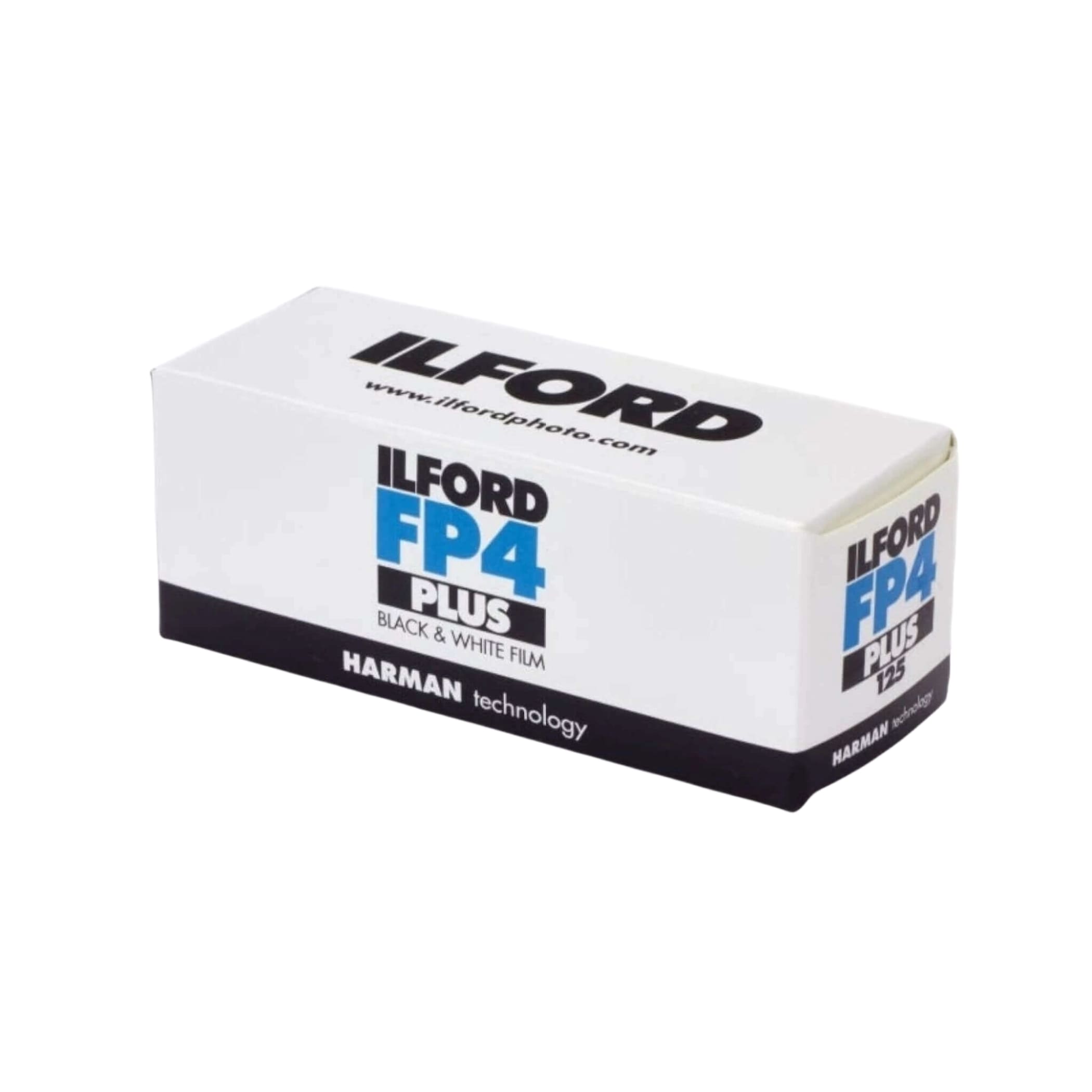 White cardboard box of ilford fp4 plus black and white film, featuring bold blue and black branding with ’harman technology’ printed on the side.