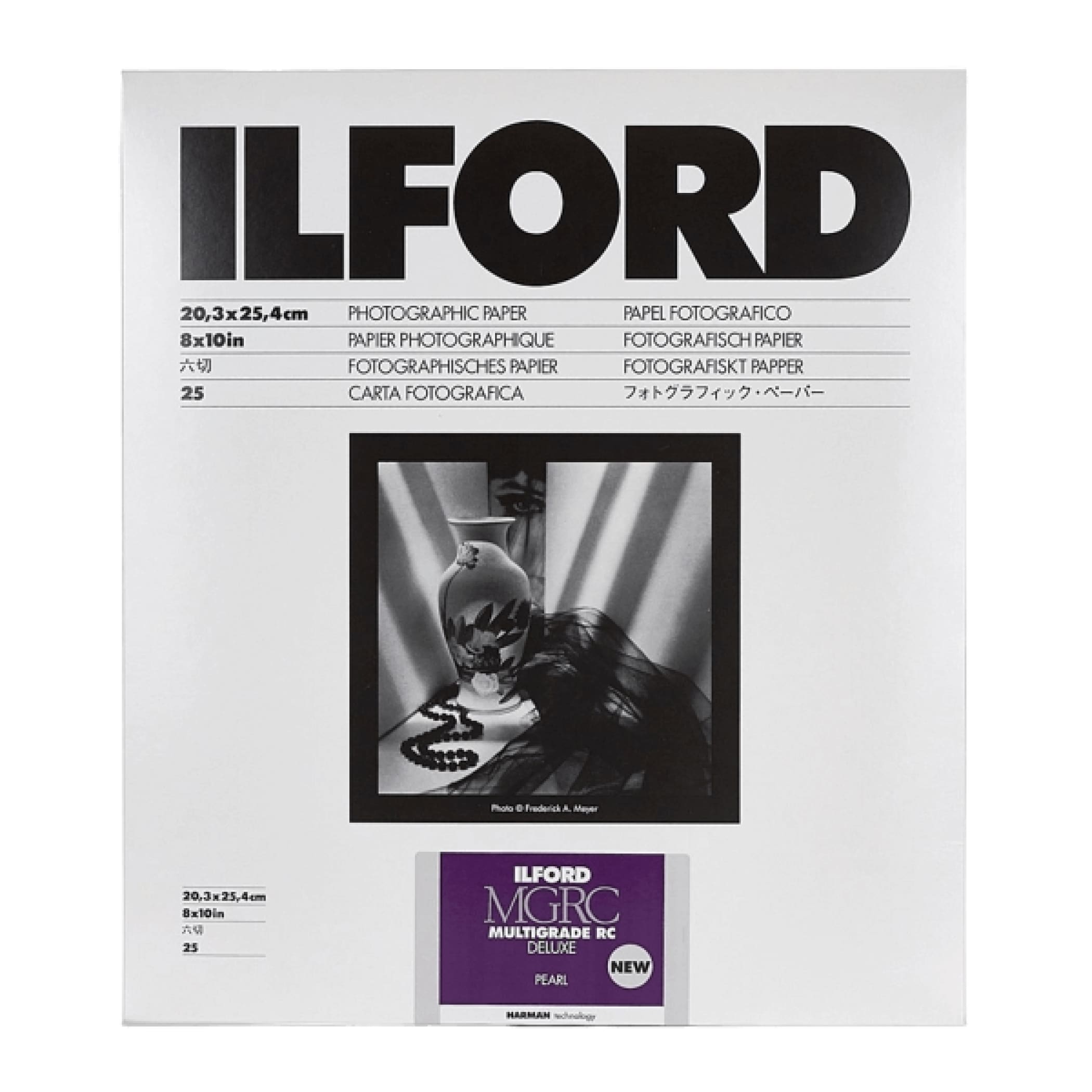 Ilford mgrc multigrade rc deluxe pearl photographic paper, 20.3x25.4cm (8x10in), featuring a black-and-white image of an ornate vase with floral patterns and draped fabric under dramatic