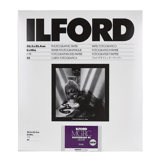 Ilford MGRC Multigrade Deluxe Pearl - 8x10/25 Sheets package featuring black and white photographic paper.