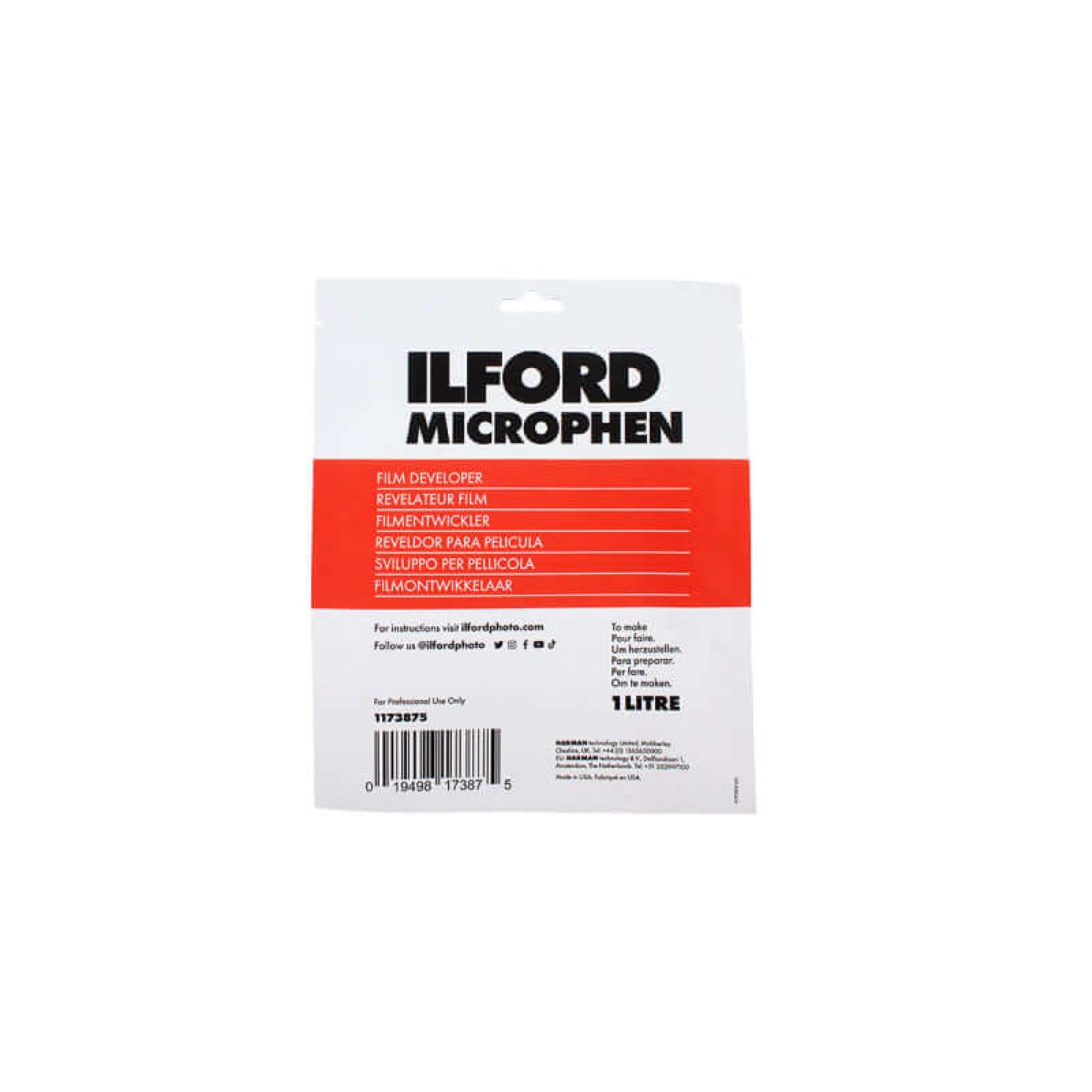 Ilford microphen film developer, a 1-litre bottle in white and red packaging.