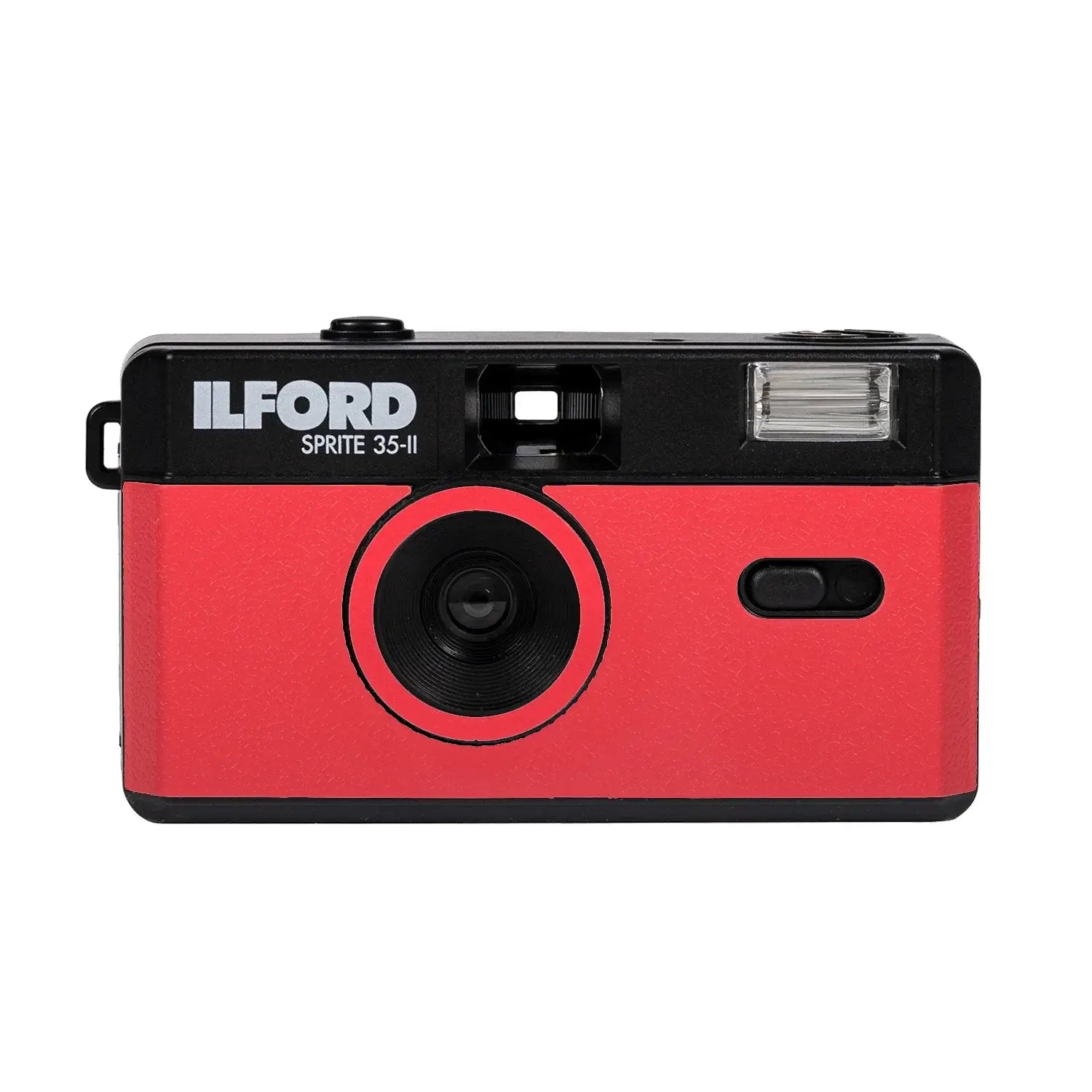 Ilford Sprite 35-II refillable 35mm analog film camera in red, perfect for beginners and film enthusiasts.