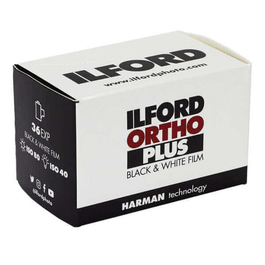 Ilford Ortho Plus black and white film box, 36 exposures, ISO 80 and ISO 40 options, produced by Harman Technology.