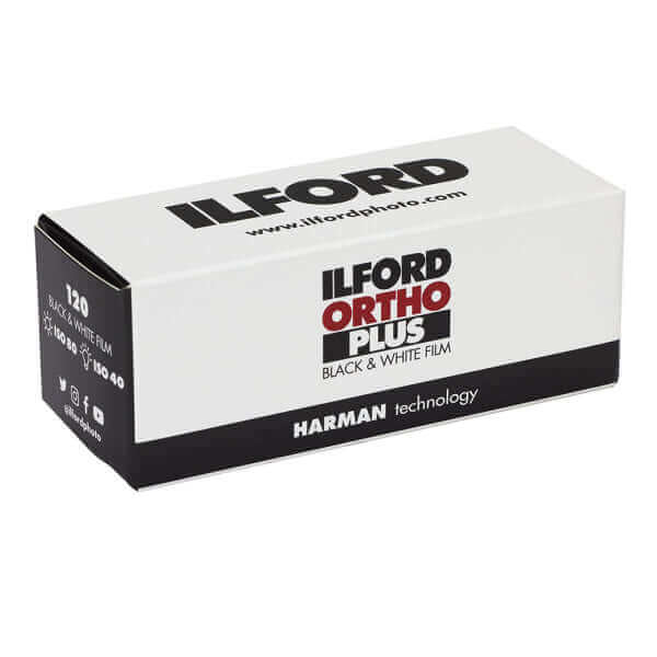 Ilford Ortho Plus 120 black and white film box by Harman Technology