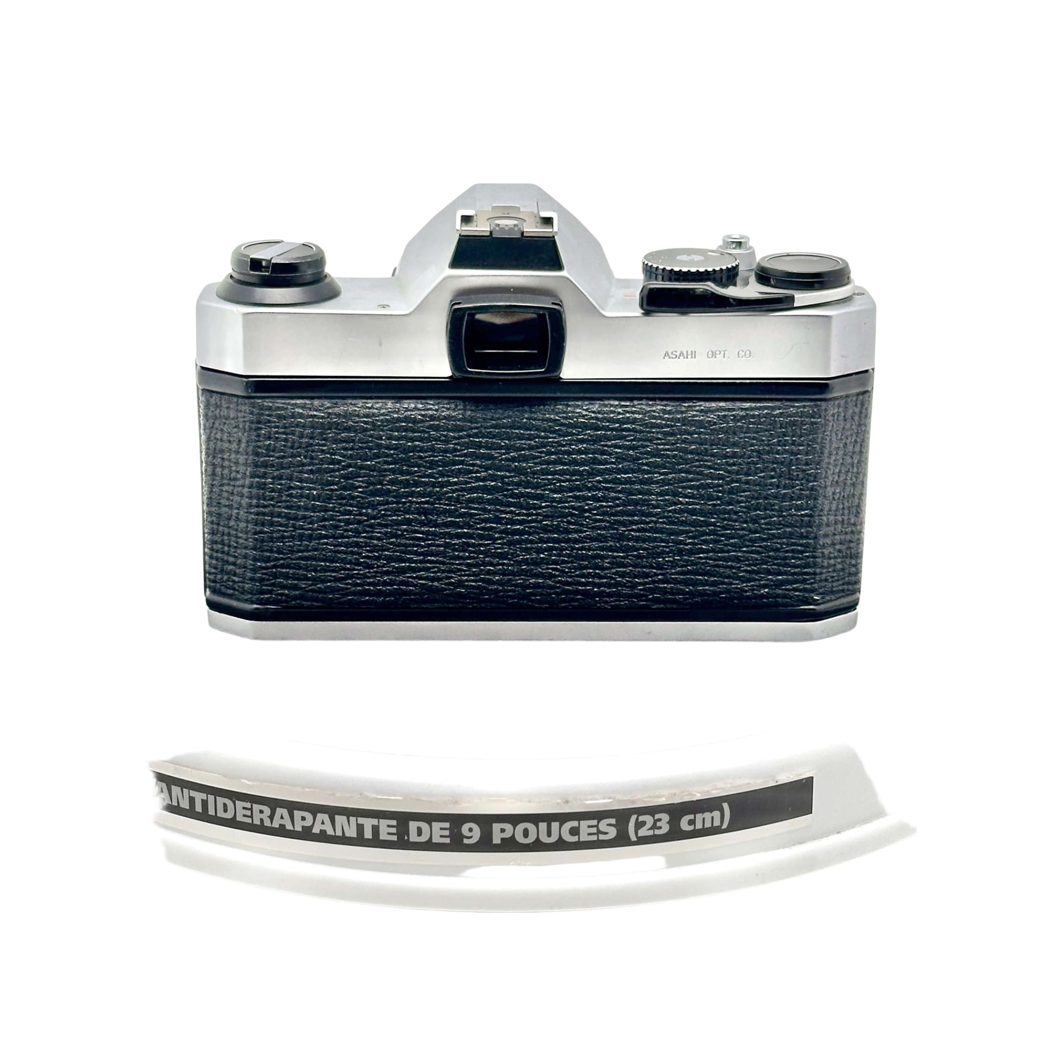 Silver and black asahi pentax 6x7 film camera with textured leather grip.