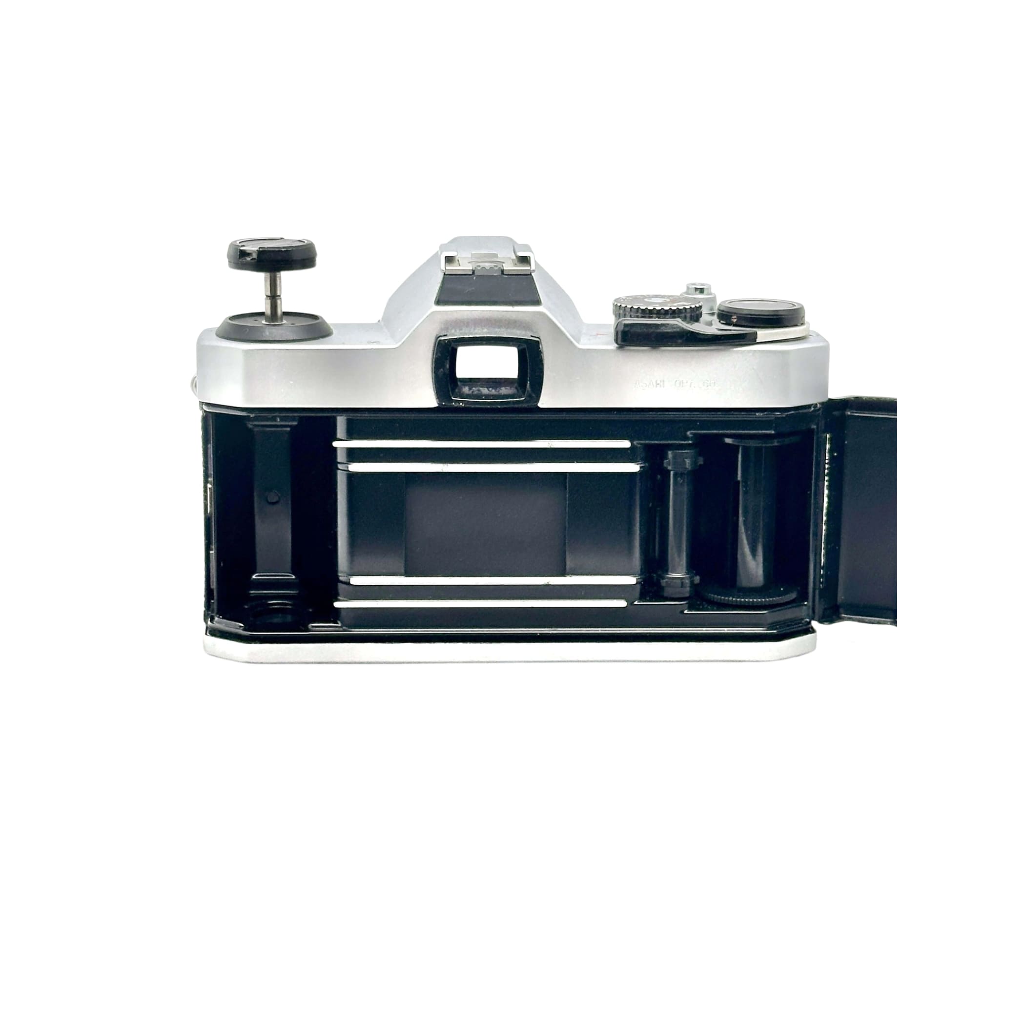 Silver and black vintage film camera with a classic rangefinder design, featuring exposed internal components and a textured grip.