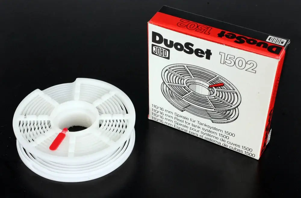 JOBO DuoSet 1502 reel for 110 and 16mm films with packaging, perfect for film development.
