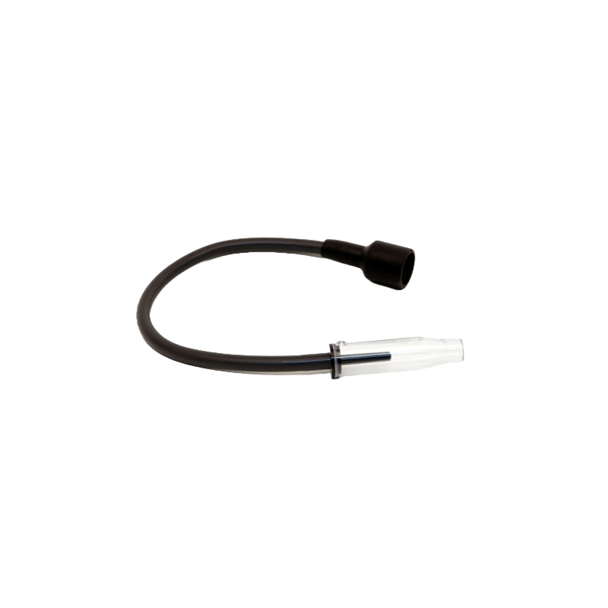 Black rubber tubing with a clear plastic connector and black cap end
