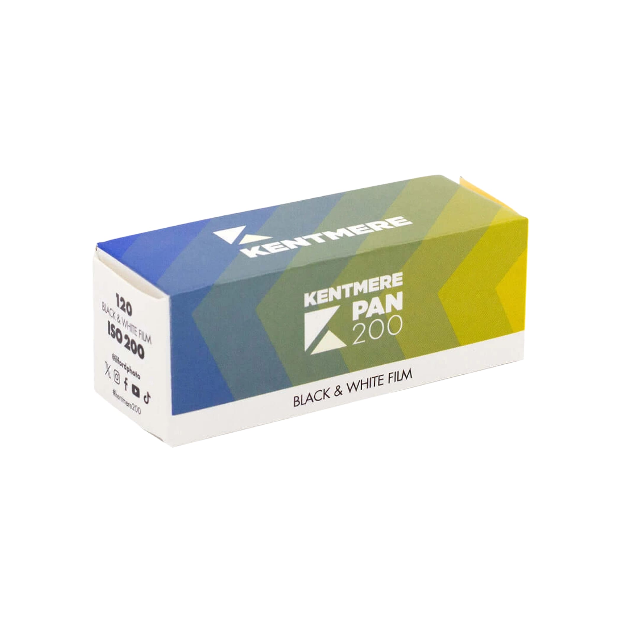 Kentmere pan 200 black and white film in a colorful geometric-patterned box.