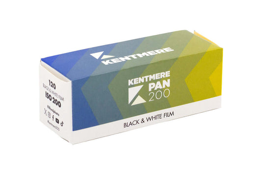 Kentmere Pan 200 black and white film box with colorful geometric design and ISO 200 label.