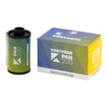 Kentmere pan 200 black and white film roll in a green, blue, and yellow box.