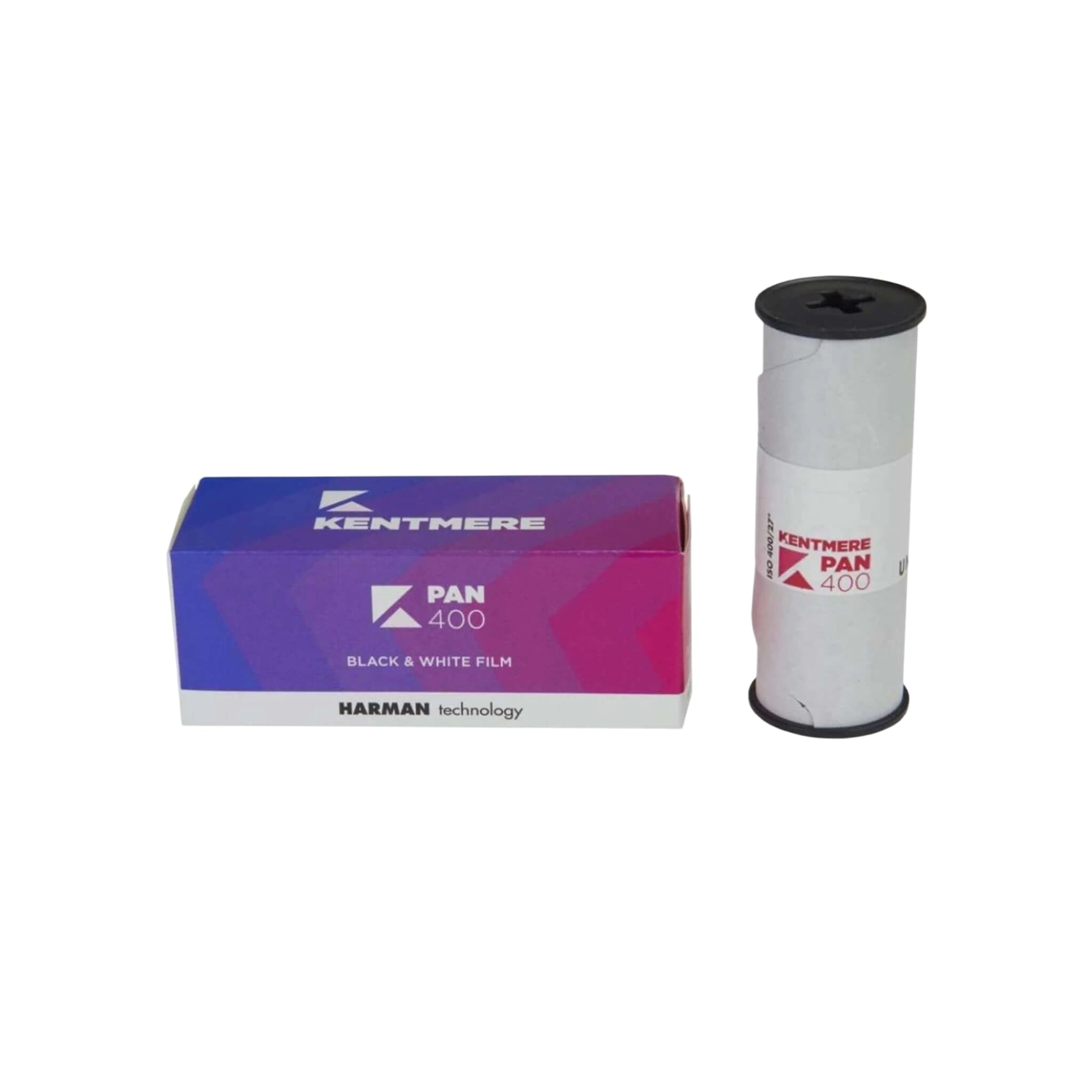 Kentmere pan 400 black and white film in its branded packaging.