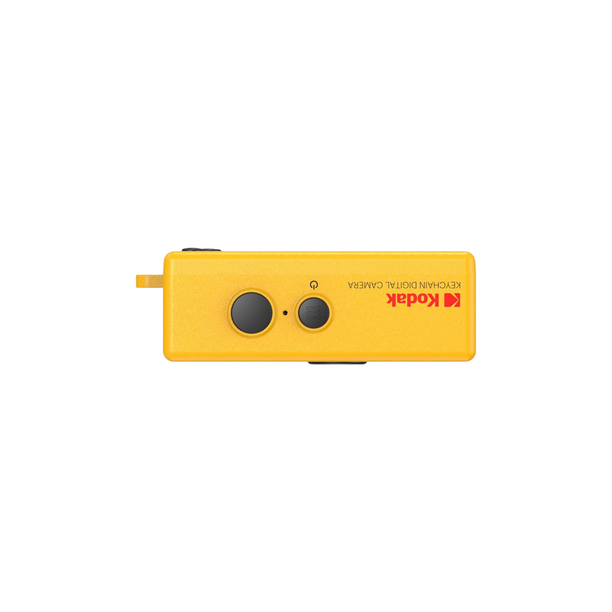 Bright yellow kodak keychain digital camera with black circular buttons and a red logo.