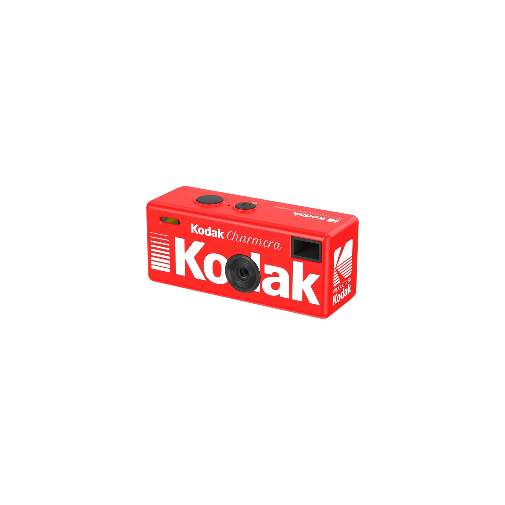 Red kodak charmera instant camera with bold white branding and black lens.