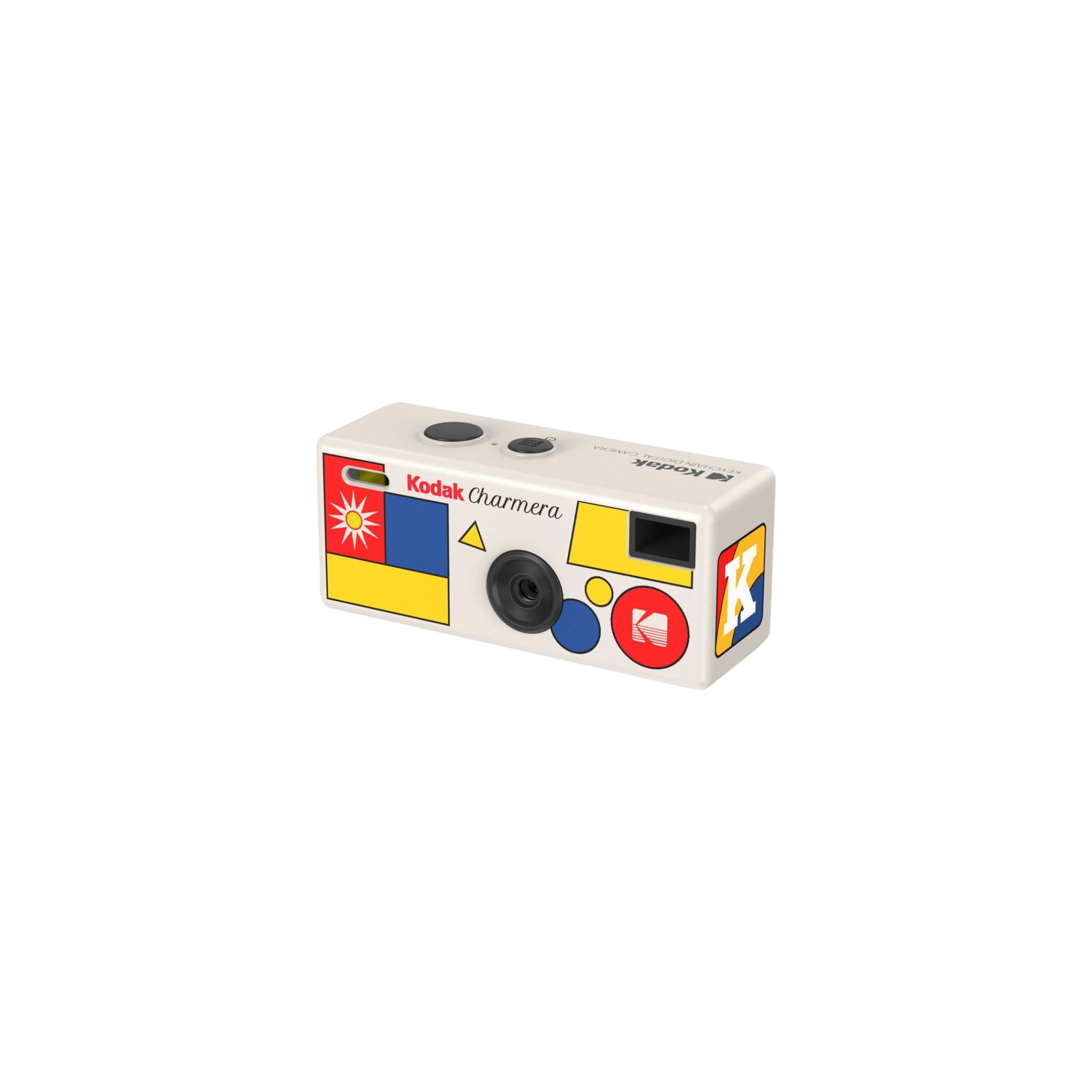 White kodak charmera instant camera adorned with a vibrant geometric pattern of red, yellow, blue, and black shapes.