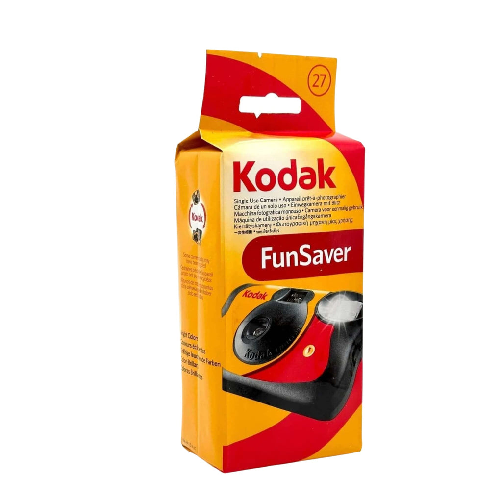 Kodak funsaver single-use camera in red and black plastic with a yellow packaging.