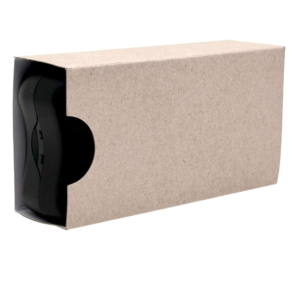 A sleek black wireless earbud nestled inside a minimalist beige cardboard box with a cutout window.
