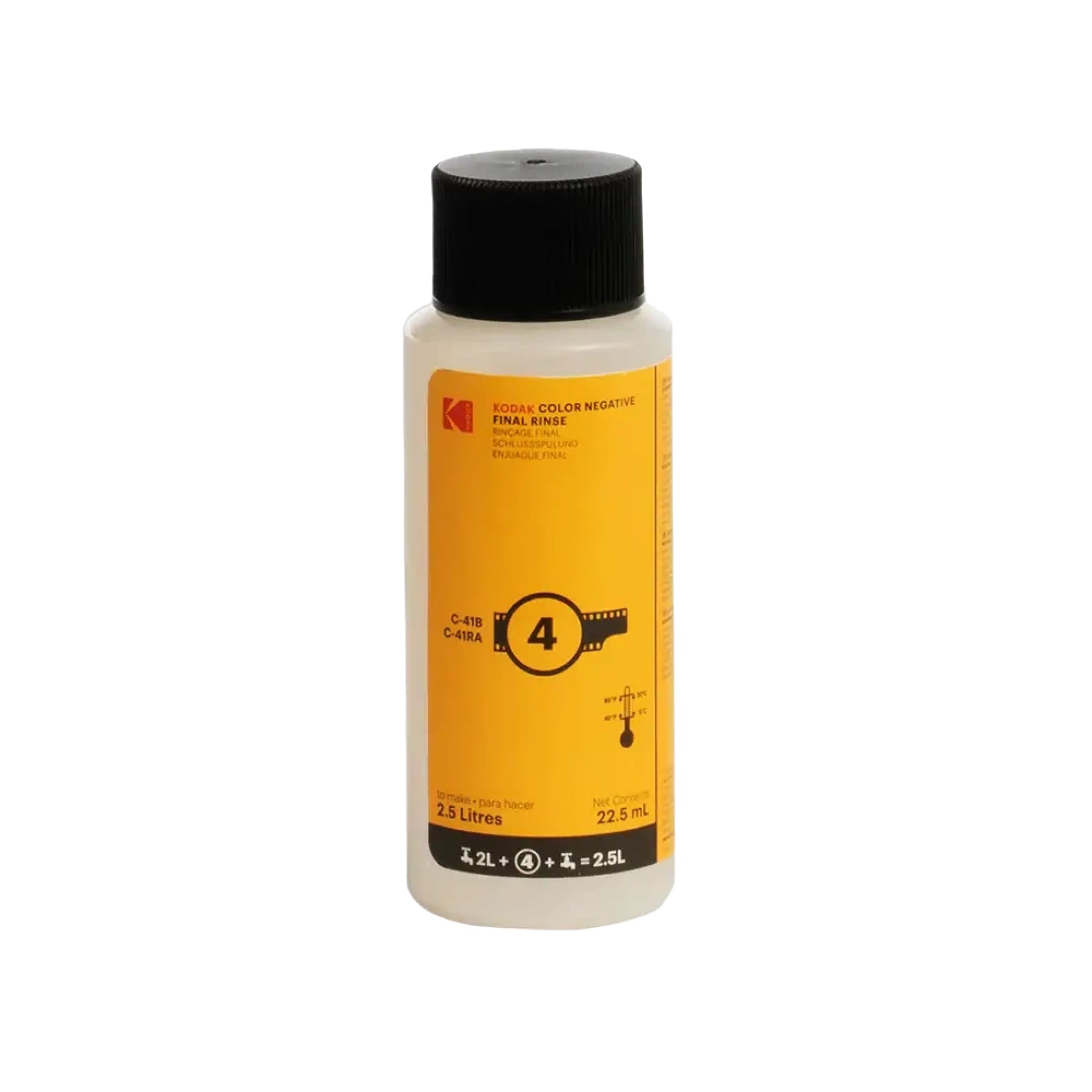 Kodak color negative final rinse solution in a translucent white bottle with a black cap and bright yellow label.