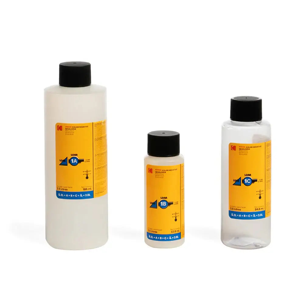Kodak C-41 film processing kit containing three bottles of developer chemicals for color negative film.