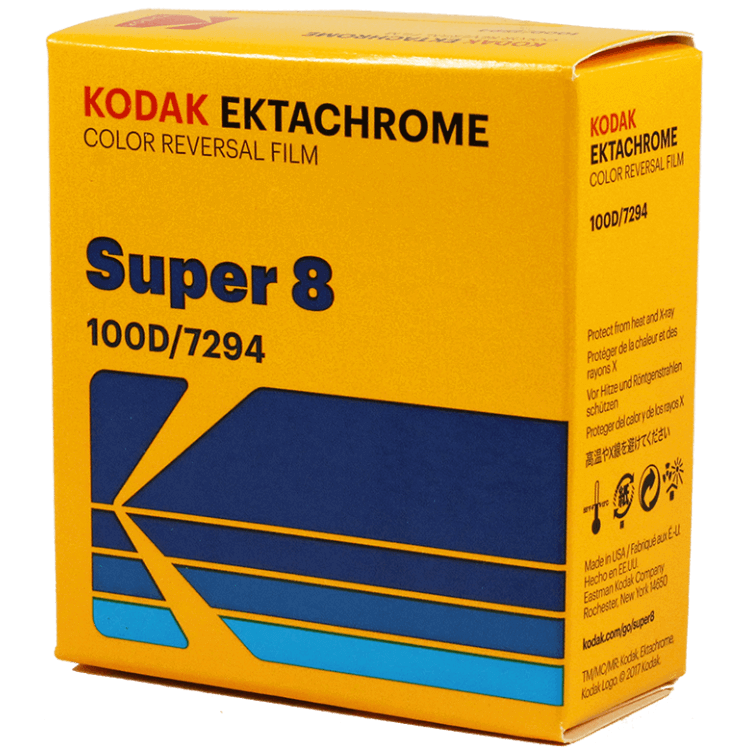 Kodak Ektachrome Super 8 color reversal film box, 100D/7294, in yellow and blue packaging.