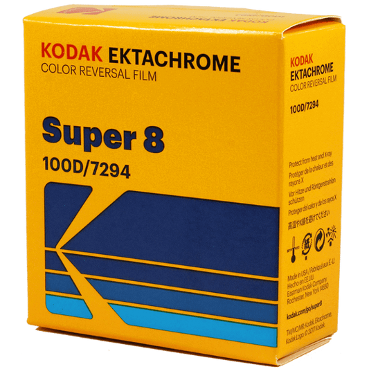 Kodak Ektachrome Super 8 color reversal film box, 100D/7294, in yellow and blue packaging.