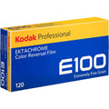 Kodak professional ektachrome color reversal film e100 in a vibrant yellow and blue box with white text.