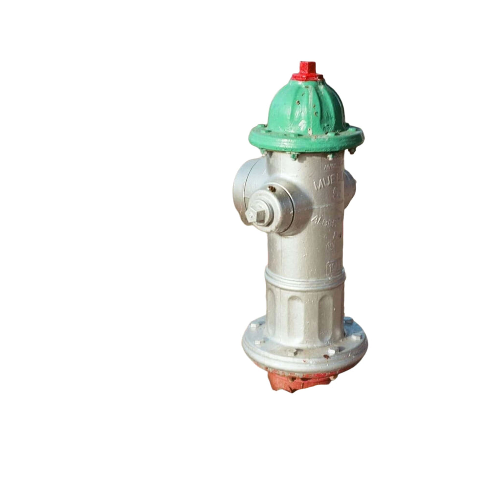 A green and silver fire hydrant with a red cap, featuring embossed markings on its body.