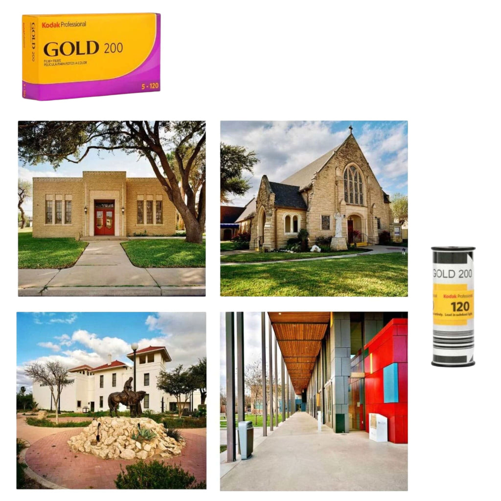 Kodak gold 200 film pack in vibrant yellow and purple packaging.