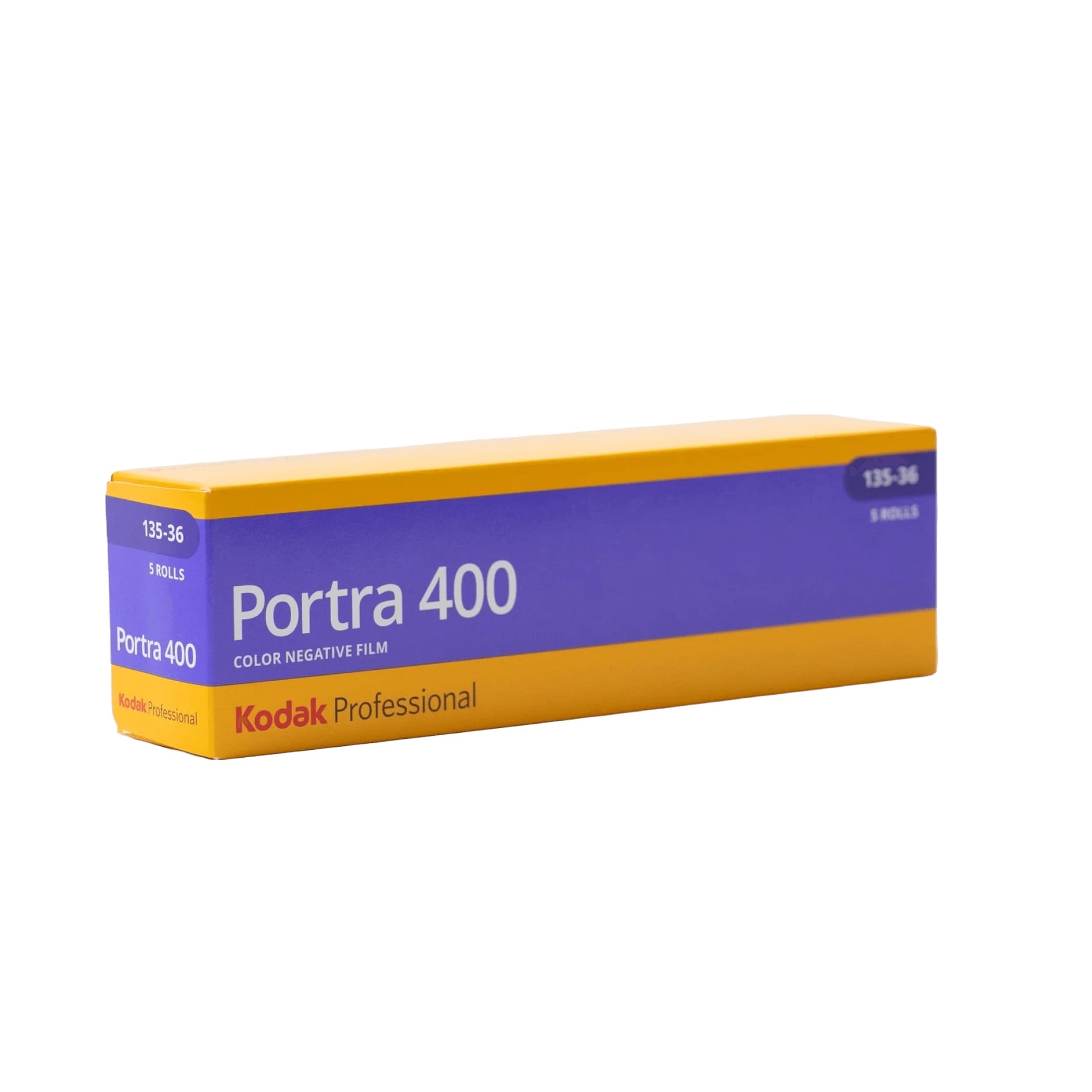 Kodak professional portra 400 color negative film in a vibrant yellow and purple box.