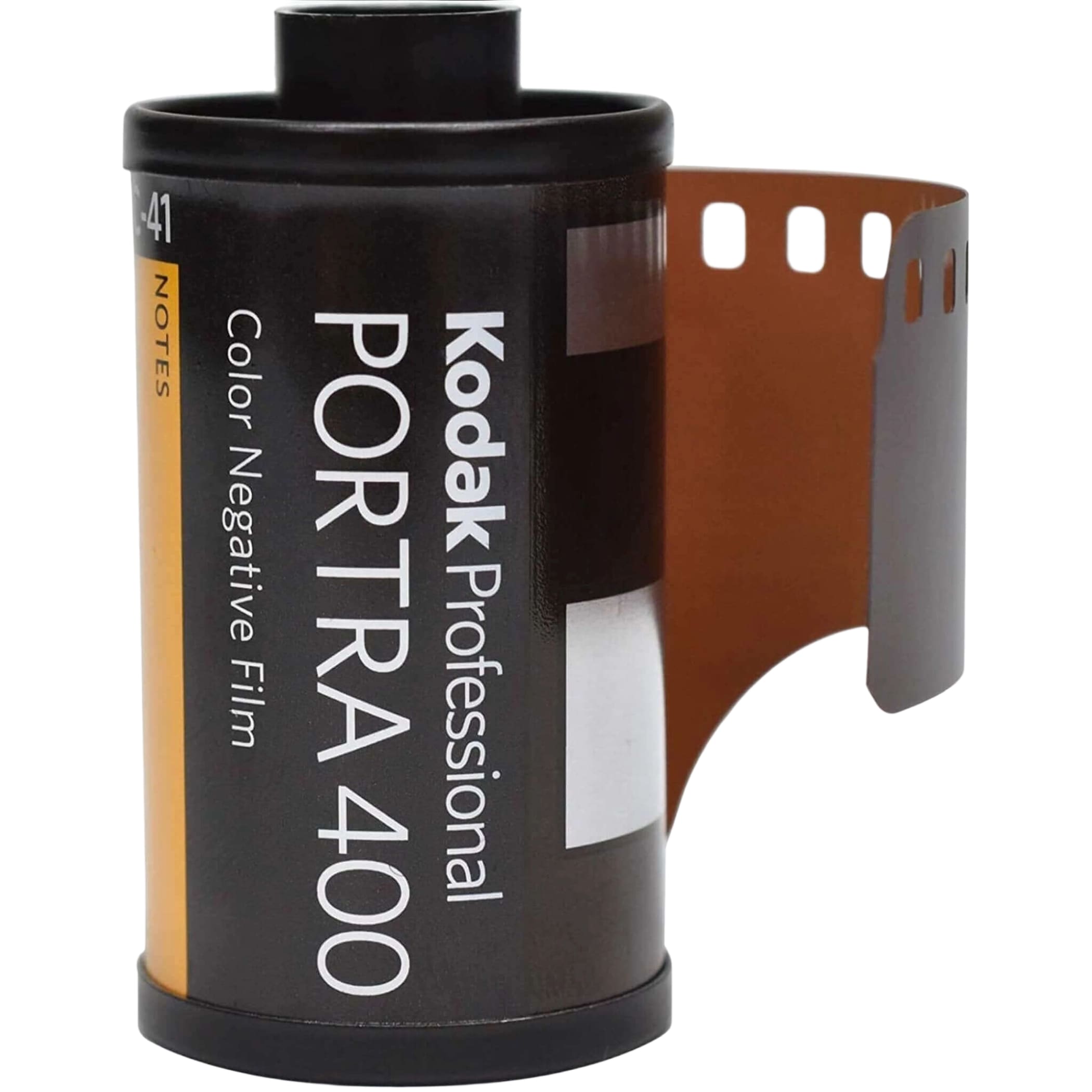 Black kodak professional portra 400 color negative film canister with a partially exposed brown photographic strip.