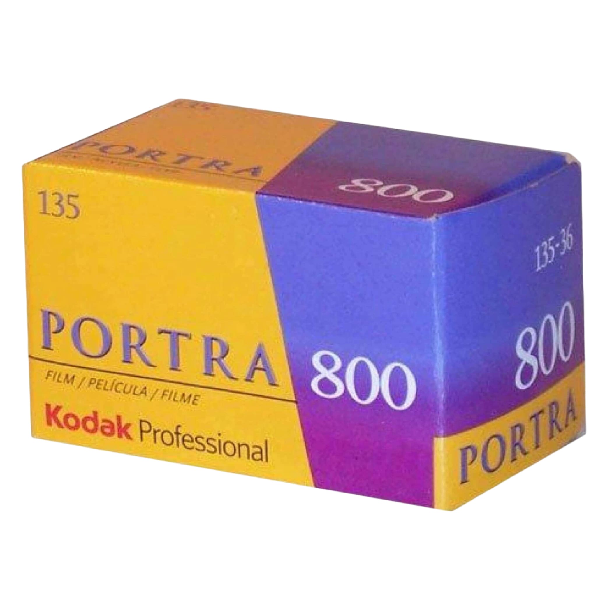 Kodak professional portra 800 film box with a vibrant yellow and purple design.