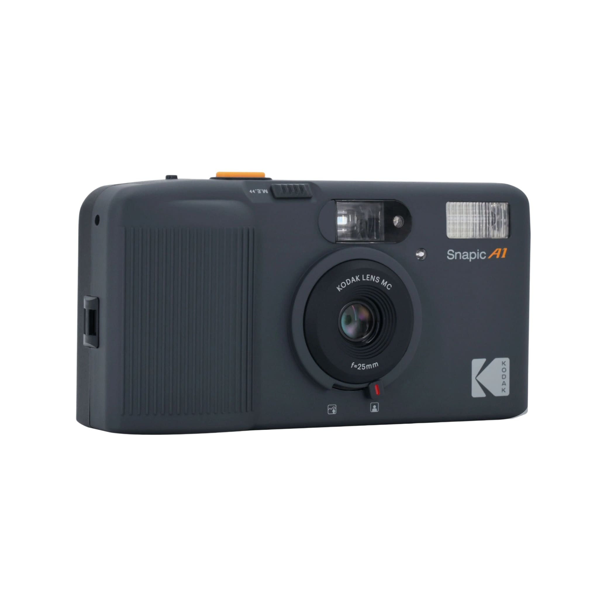 Black kodak snapic a1 instant camera with a 25mm lens and orange accents.