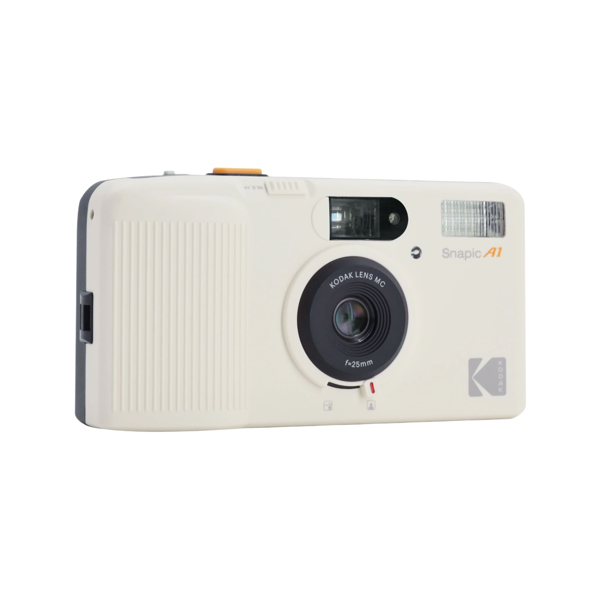 Cream-colored kodak snapie a1 instant camera with a black lens and orange accents.
