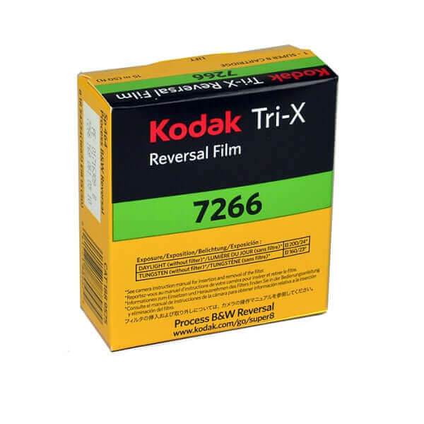 Kodak Tri-X Reversal Film 7266 packaging for 50' cartridges, offering fine grain images and environmentally friendly processing.