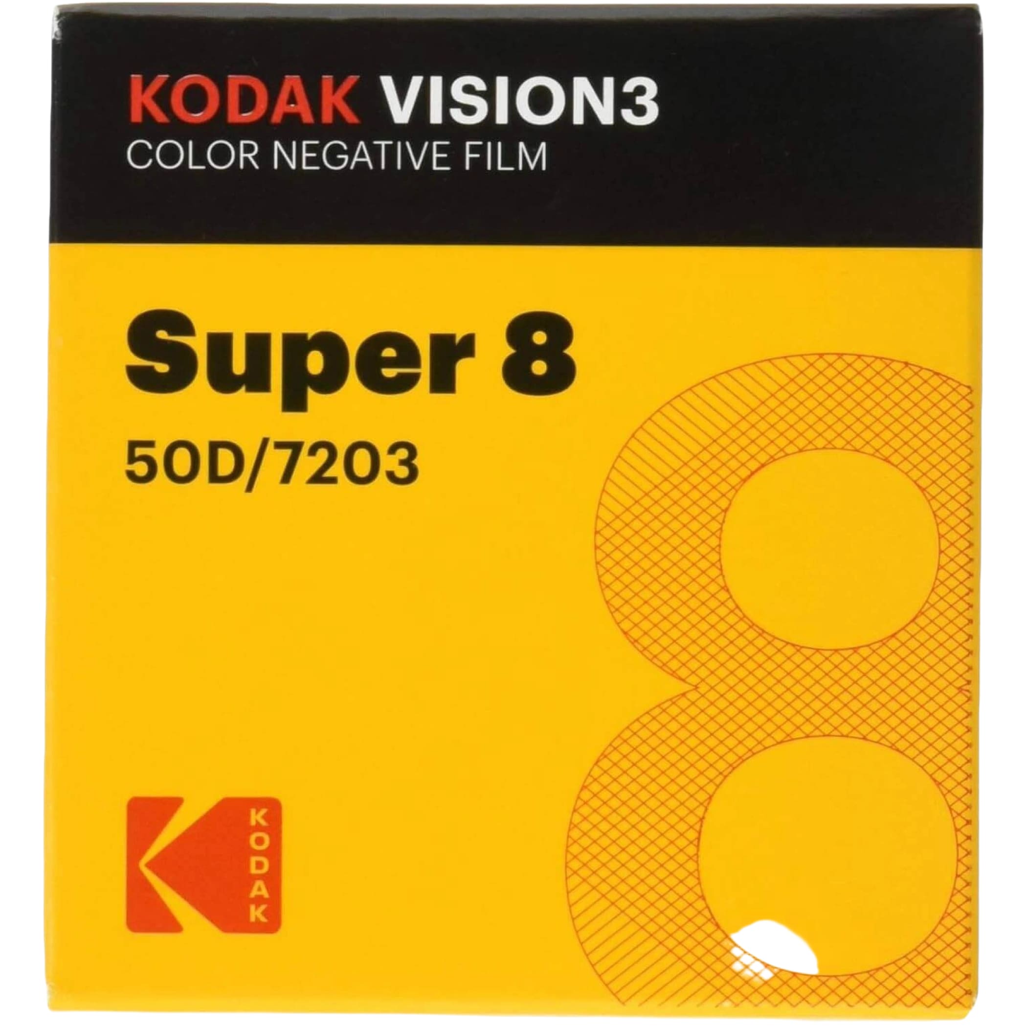 Kodak vision3 super 8 color negative film in a bright yellow box with black and red text.