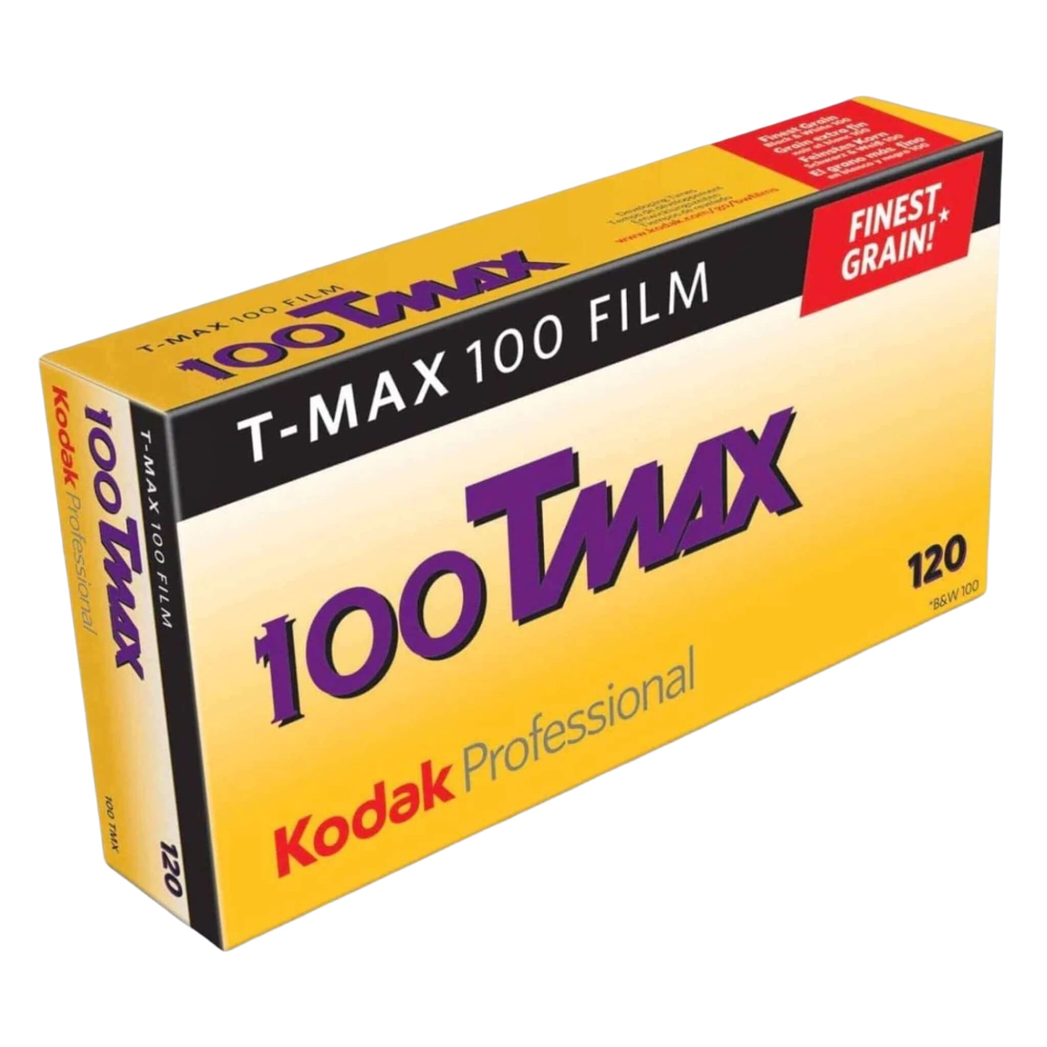 Yellow and purple kodak t-max 100 film box with black trim.