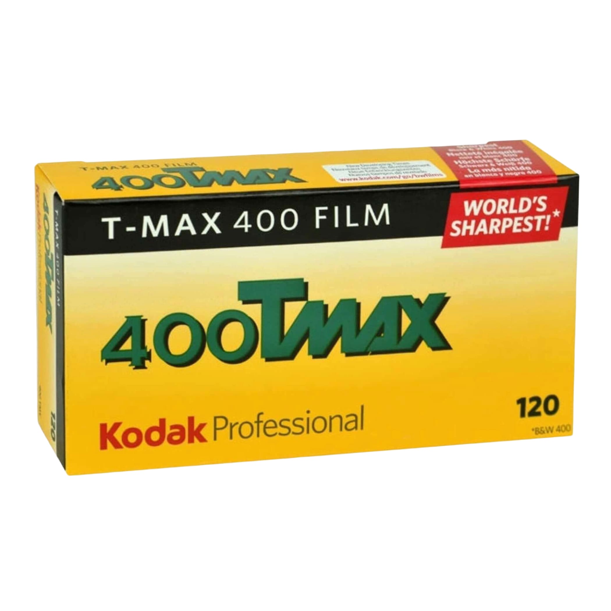 Yellow and black box of kodak t-max 400 film, featuring bold green lettering for the ’400tmax’ branding.