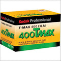 Kodak professional t-max 400 film box in vibrant yellow, green, and black with bold lettering for black & white negative film.
