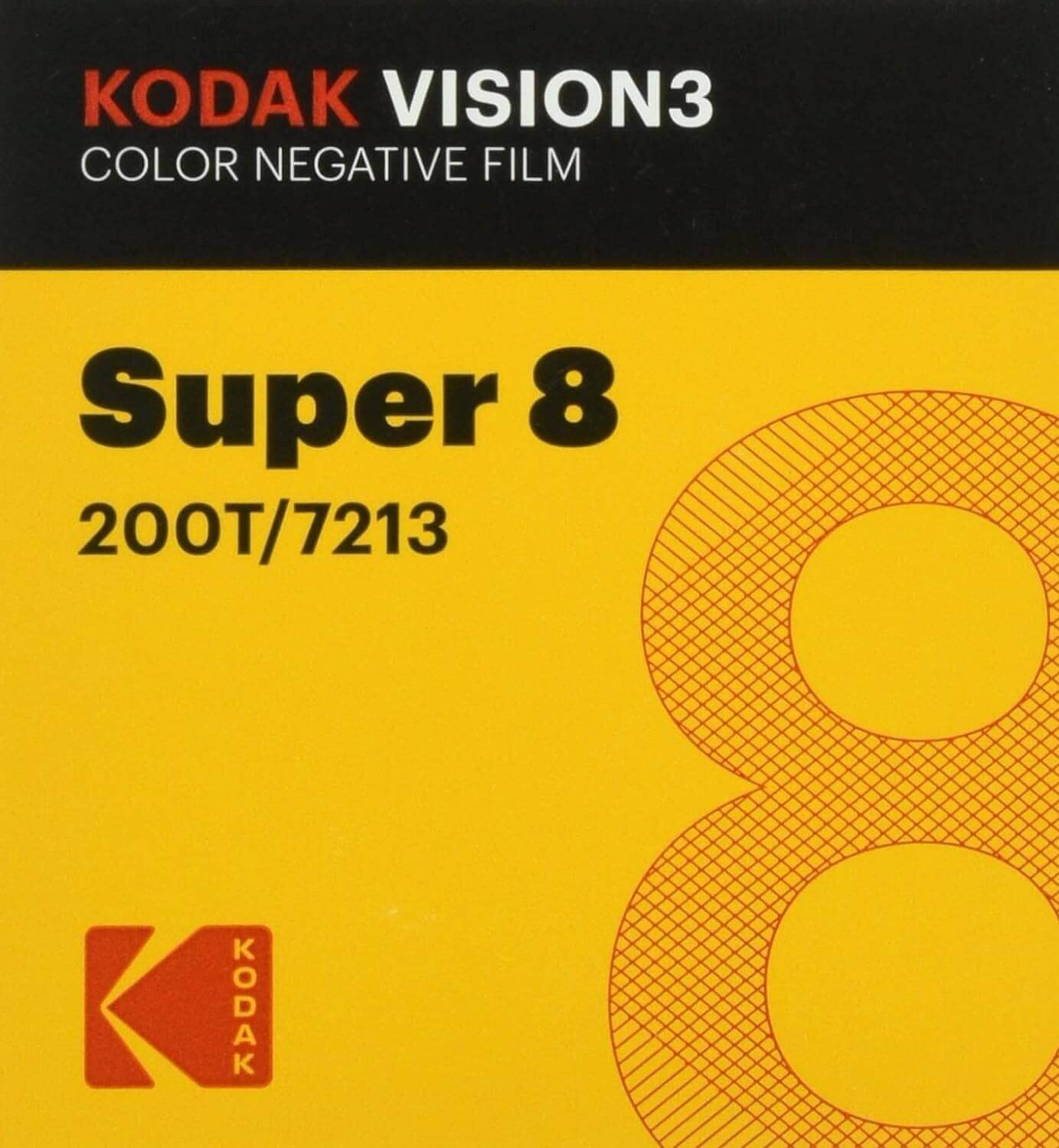 Kodak Vision3 Color Negative Film Super 8 200T/7213 packaging in yellow and black.